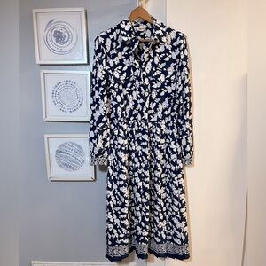 VTG Leslie Fay Women’s Navy Blue White Floral Pleated Midi Dress Size 14